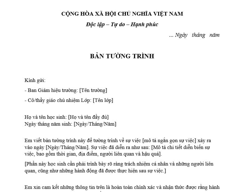 mẫu bản tường trình viết tay trong trường học
