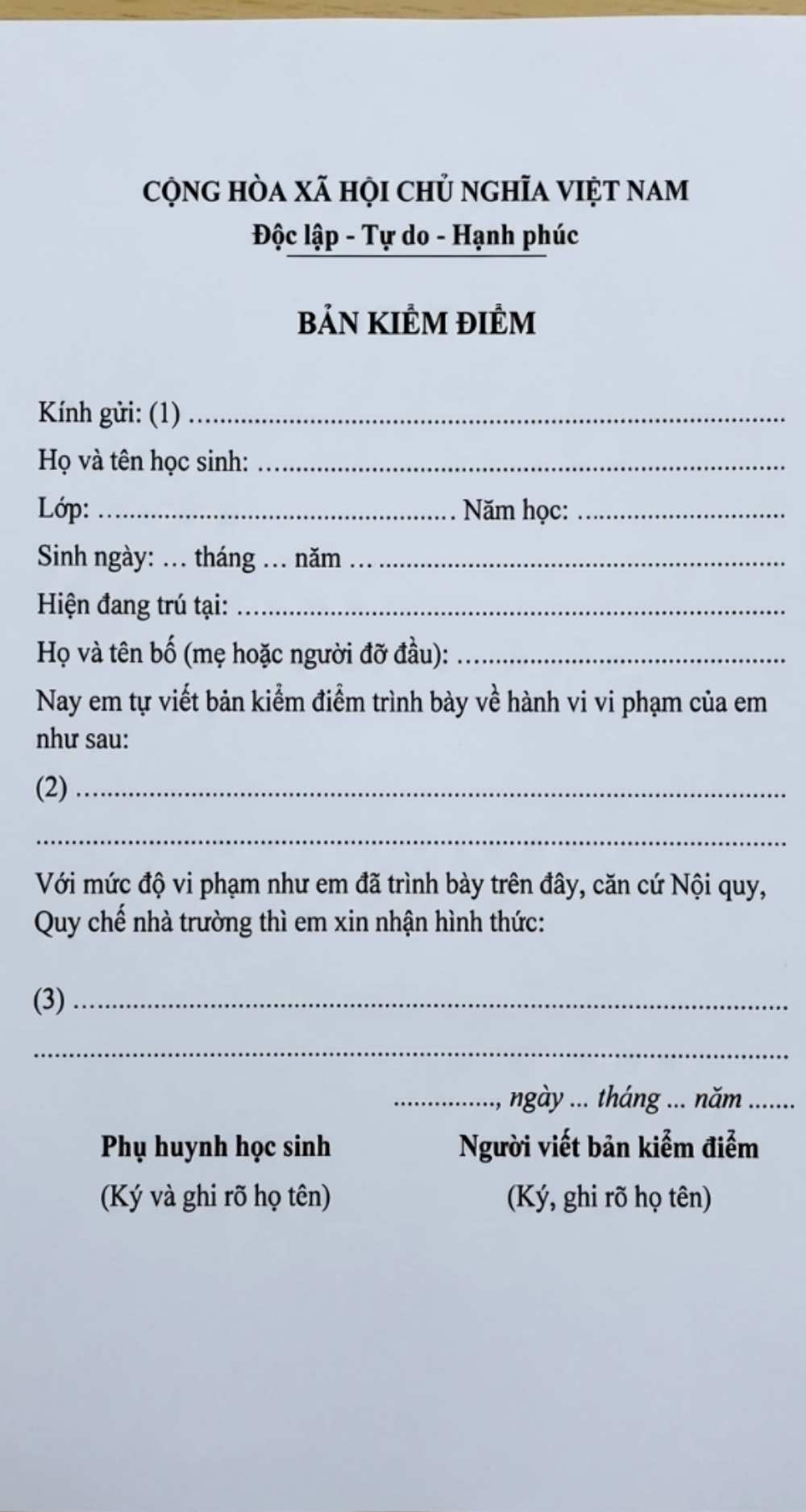 Mẫu bản kiểm điểm