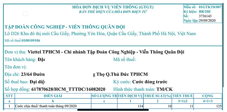 Hóa đơn điện tử viettel